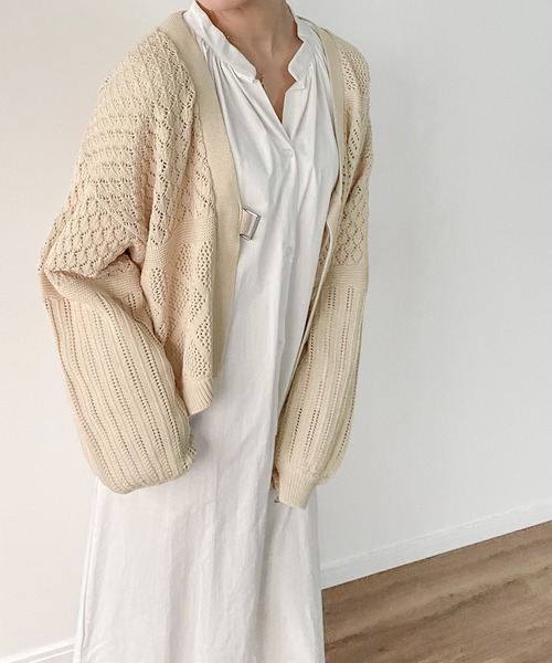 JUNOAH（ジュノア）の「ベルト付きパッチワークカーディガン（カーディガン/ボレロ・レディース・ホワイト/ブラック/ベージュ/グリーン系その他・FREE）」の8枚目の写真