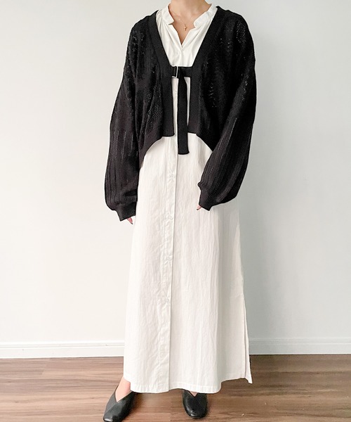 JUNOAH（ジュノア）の「ベルト付きパッチワークカーディガン（カーディガン/ボレロ・レディース・ホワイト/ブラック/ベージュ/グリーン系その他・FREE）」の9枚目の写真