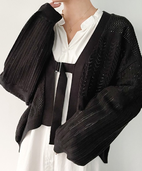 JUNOAH（ジュノア）の「ベルト付きパッチワークカーディガン（カーディガン/ボレロ・レディース・ホワイト/ブラック/ベージュ/グリーン系その他・FREE）」の10枚目の写真