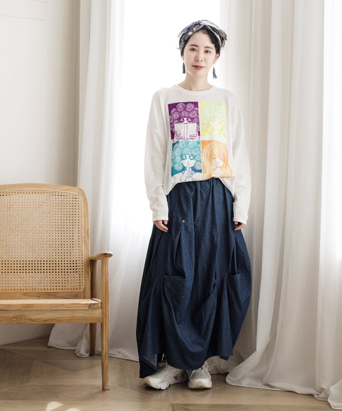 ScoLar（スカラー）の「アップリケスカラーちゃんジャガードロングスリーブTシャツ（Tシャツ/カットソー・レディース・グリーン/ブラック/オフホワイト・M）」の6枚目の写真