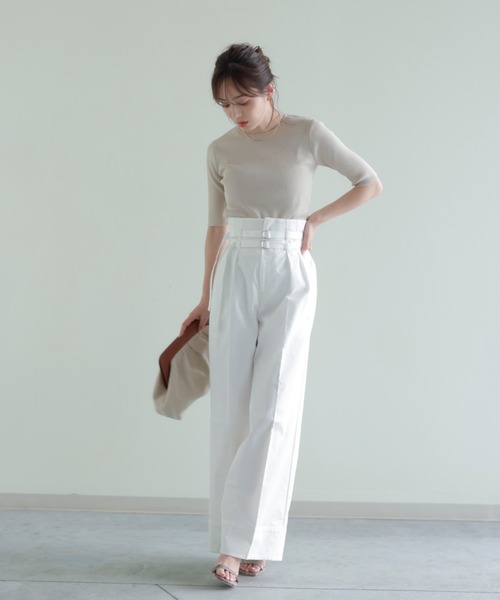 anuans（アニュアンス）の「ダブルベルトハイウエストワイドパンツ（スラックス・レディース・ホワイト/ブルー・SMALL/MEDIUM）」の3枚目の写真