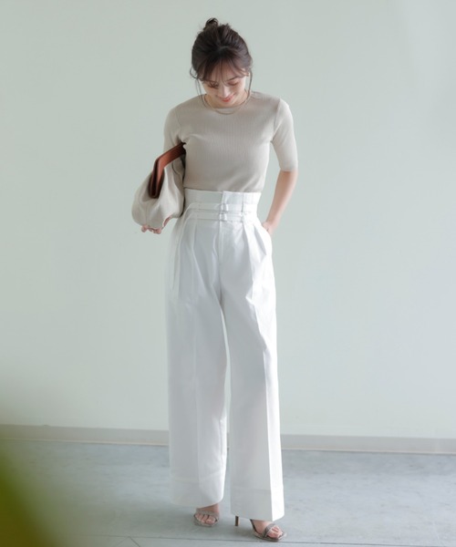 anuans（アニュアンス）の「ダブルベルトハイウエストワイドパンツ（スラックス・レディース・ホワイト/ブルー・SMALL/MEDIUM）」の12枚目の写真