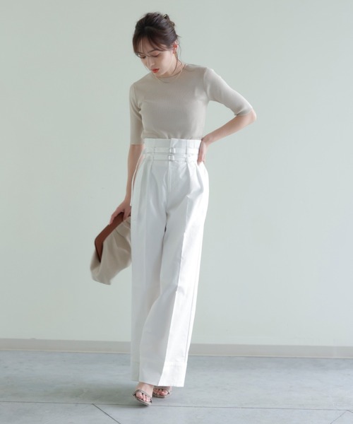 anuans（アニュアンス）の「ダブルベルトハイウエストワイドパンツ（スラックス・レディース・ホワイト/ブルー・SMALL/MEDIUM）」の7枚目の写真