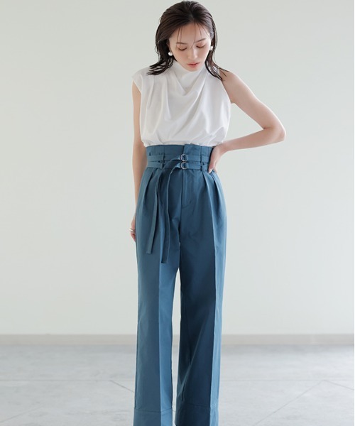 anuans（アニュアンス）の「ダブルベルトハイウエストワイドパンツ（スラックス・レディース・ホワイト/ブルー・SMALL/MEDIUM）」の17枚目の写真