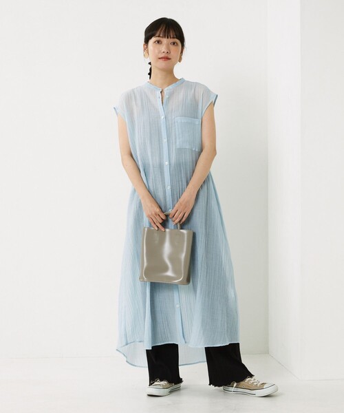 FREAK'S STORE(フリークスストア)の「シアーカラーフレンチスリーブワンピース(シャツワンピース・レディース・ピンク/ブルー/グリーン・フリ-)」の3枚目の写真