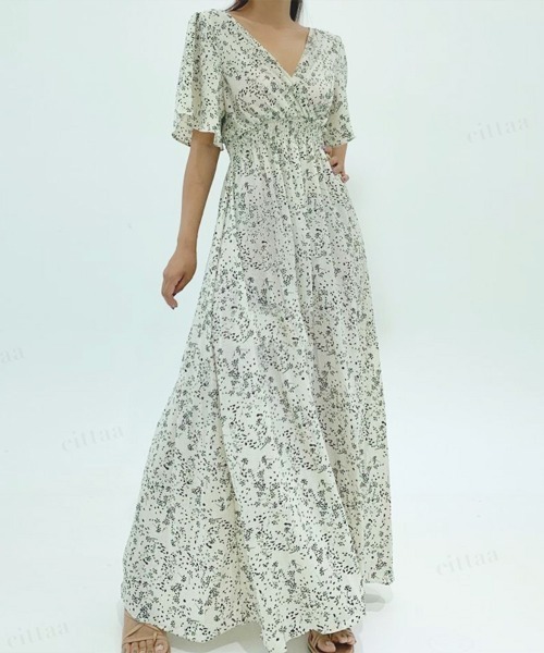 Dalfwin（ダールフィン）の「小花柄カシュクールバックリボンロング丈ワンピース（ワンピース・レディース・アイボリー/ブラック/ブルー・FREE）」の7枚目の写真