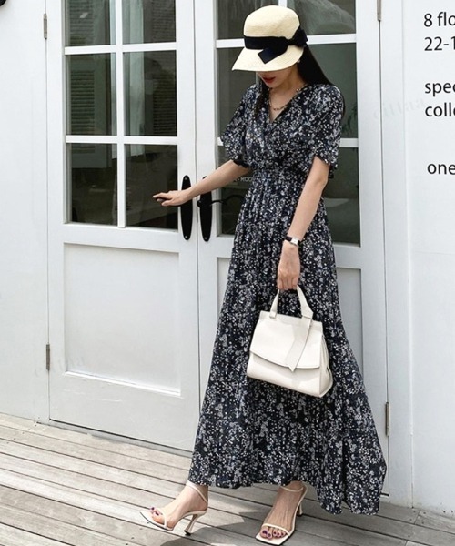 Dalfwin（ダールフィン）の「小花柄カシュクールバックリボンロング丈ワンピース（ワンピース・レディース・アイボリー/ブラック/ブルー・FREE）」の8枚目の写真