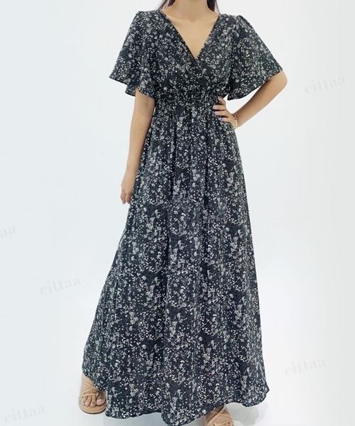 Dalfwin（ダールフィン）の「小花柄カシュクールバックリボンロング丈ワンピース（ワンピース・レディース・アイボリー/ブラック/ブルー・FREE）」の9枚目の写真