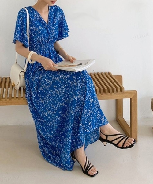 Dalfwin（ダールフィン）の「小花柄カシュクールバックリボンロング丈ワンピース（ワンピース・レディース・アイボリー/ブラック/ブルー・FREE）」の12枚目の写真