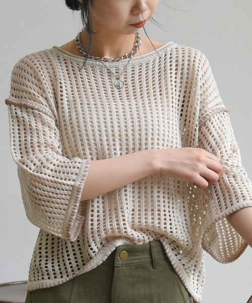 sango（sango）の「ステッチ入ボートネックプルオーバー（Tシャツ/カットソー・レディース・アッシュグレー/ベージュ系その他/モスグリーン・FREE）」の2枚目の写真