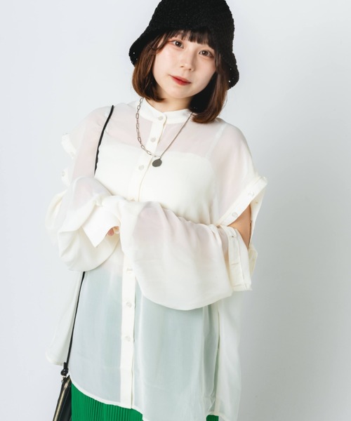 nemne store（ネンネストア）の「【低身長用サイズあり】2way肩開きシアーシャツ（シャツ/ブラウス・レディース・ブラウン/ピンク/グリーン/アイボリー・SMALL/MEDIUM）」の5枚目の写真