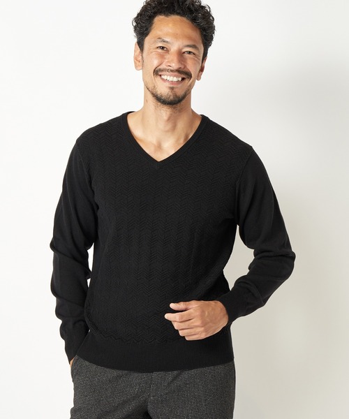 MEN'S BIGI（メンズビギ）の「12GへリンボンジャガードVネックニット（ニット/セーター・メンズ・ブラック/パープル/オフホワイト/ブルー・02/03/01）」の15枚目の写真