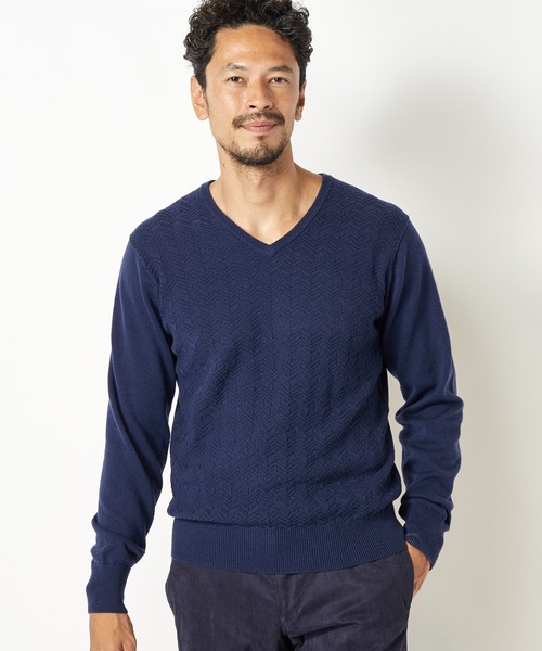 MEN'S BIGI（メンズビギ）の「12GへリンボンジャガードVネックニット（ニット/セーター・メンズ・ブラック/パープル/オフホワイト/ブルー・02/03/01）」の14枚目の写真