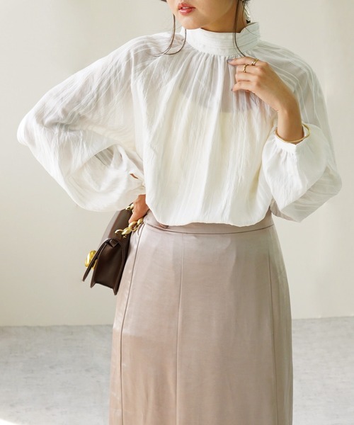 IAMUSE(アイアミューズ)の「【IAMUSE】ドビーストライプ2WAYピンタックチュニックブラウス S0730(その他トップス・レディース・ベージュ/ブラック/ホワイト・FREE)」の10枚目の写真
