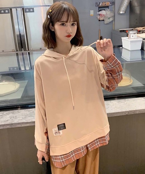 Girly Doll(ガーリードール)の「チェックシャツドッキングフーディー(パーカー・レディース・ダークグレー/ベージュ・M/L)」の12枚目の写真