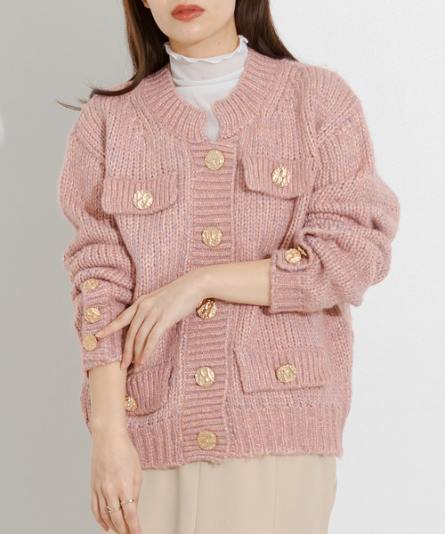 DAY CLOSET（デイ クローゼット）の「レディース レトロ金釦リブミックスニットカーディガン（カーディガン/ボレロ・レディース・グリーン/ピンク・ONE SIZE）」の2枚目の写真