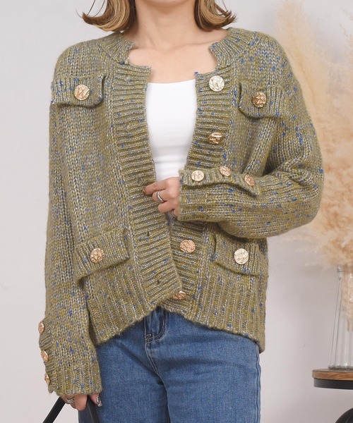 DAY CLOSET（デイ クローゼット）の「レディース レトロ金釦リブミックスニットカーディガン（カーディガン/ボレロ・レディース・グリーン/ピンク・ONE SIZE）」の3枚目の写真