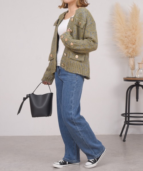 DAY CLOSET（デイ クローゼット）の「レディース レトロ金釦リブミックスニットカーディガン（カーディガン/ボレロ・レディース・グリーン/ピンク・ONE SIZE）」の5枚目の写真