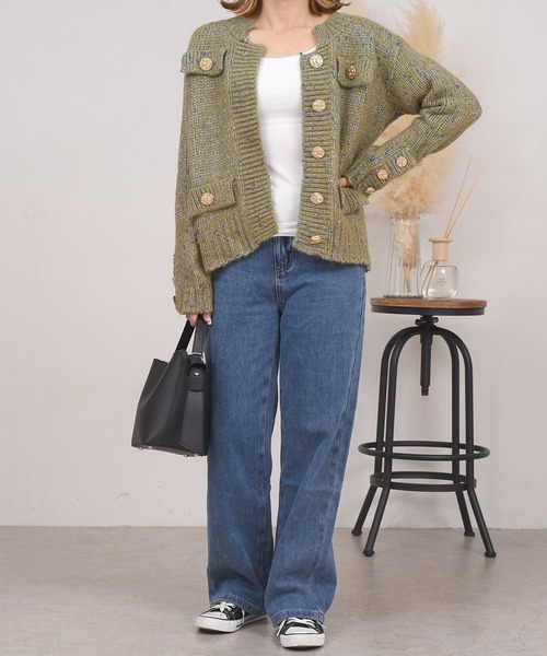 DAY CLOSET（デイ クローゼット）の「レディース レトロ金釦リブミックスニットカーディガン（カーディガン/ボレロ・レディース・グリーン/ピンク・ONE SIZE）」の6枚目の写真