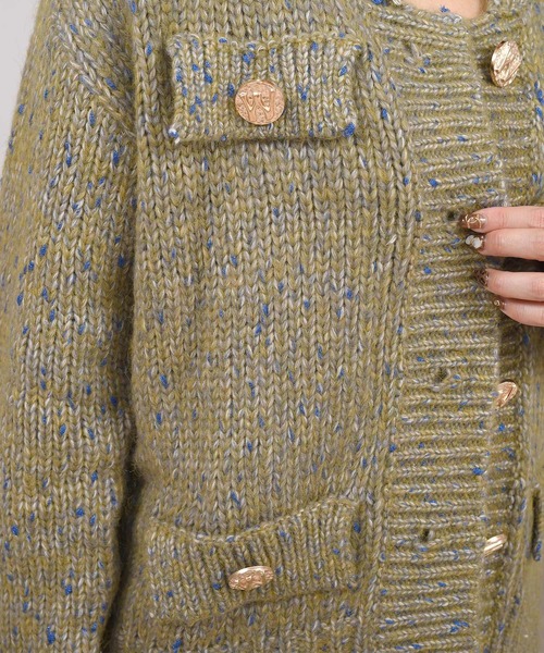 DAY CLOSET（デイ クローゼット）の「レディース レトロ金釦リブミックスニットカーディガン（カーディガン/ボレロ・レディース・グリーン/ピンク・ONE SIZE）」の8枚目の写真