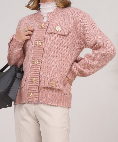 DAY CLOSET（デイ クローゼット）の「レディース レトロ金釦リブミックスニットカーディガン（カーディガン/ボレロ・レディース・グリーン/ピンク・ONE SIZE）」の9枚目の写真