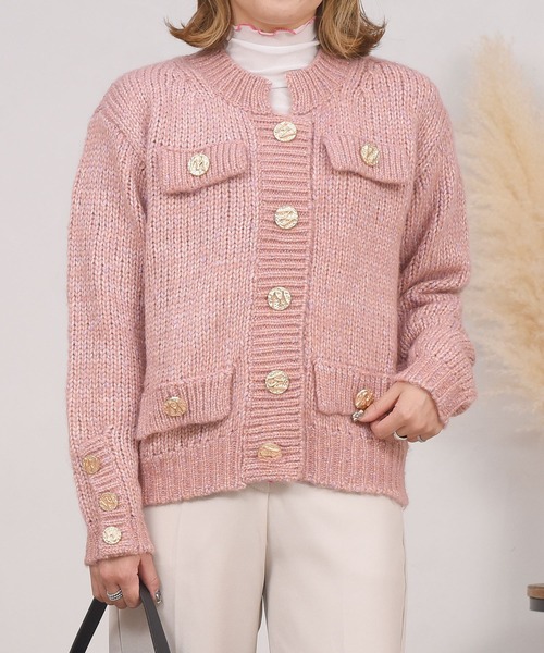 DAY CLOSET（デイ クローゼット）の「レディース レトロ金釦リブミックスニットカーディガン（カーディガン/ボレロ・レディース・グリーン/ピンク・ONE SIZE）」の10枚目の写真