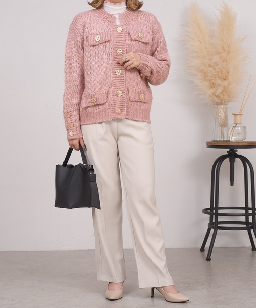 DAY CLOSET（デイ クローゼット）の「レディース レトロ金釦リブミックスニットカーディガン（カーディガン/ボレロ・レディース・グリーン/ピンク・ONE SIZE）」の12枚目の写真