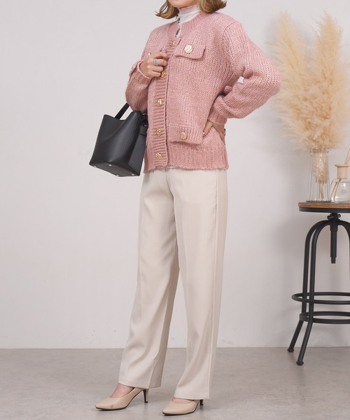 DAY CLOSET（デイ クローゼット）の「レディース レトロ金釦リブミックスニットカーディガン（カーディガン/ボレロ・レディース・グリーン/ピンク・ONE SIZE）」の13枚目の写真