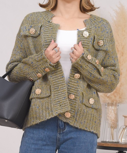 DAY CLOSET（デイ クローゼット）の「レディース レトロ金釦リブミックスニットカーディガン（カーディガン/ボレロ・レディース・グリーン/ピンク・ONE SIZE）」の16枚目の写真