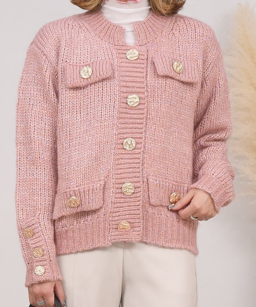 DAY CLOSET（デイ クローゼット）の「レディース レトロ金釦リブミックスニットカーディガン（カーディガン/ボレロ・レディース・グリーン/ピンク・ONE SIZE）」の17枚目の写真