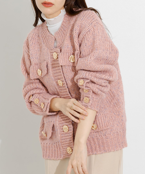 DAY CLOSET（デイ クローゼット）の「レディース レトロ金釦リブミックスニットカーディガン（カーディガン/ボレロ・レディース・グリーン/ピンク・ONE SIZE）」の20枚目の写真