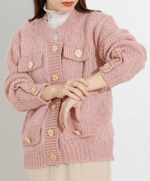 DAY CLOSET（デイ クローゼット）の「レディース レトロ金釦リブミックスニットカーディガン（カーディガン/ボレロ・レディース・グリーン/ピンク・ONE SIZE）」の21枚目の写真