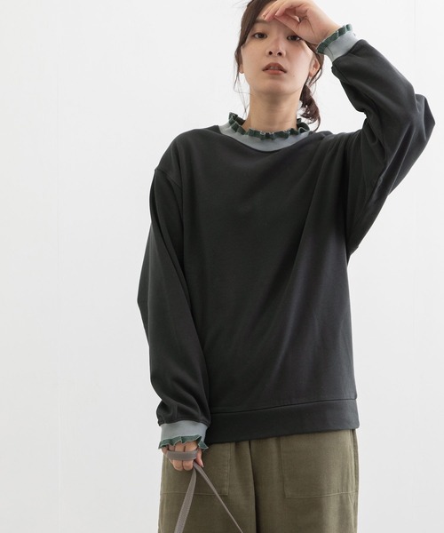 POU DOU DOU(プードゥドゥ)の「リブニットフリル裏毛プルオーバー(Tシャツ/カットソー・レディース・ダークグレー/アイボリー/ベージュ/ライトブルー・3)」の12枚目の写真