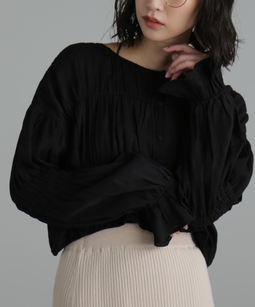 FREE'S MART(フリーズマート)の「◆【ブルーカラーWEB限定】シアーギャザー前開きショート丈ブラウス(シャツ/ブラウス・レディース・イエロー/ホワイト/ブラック/ブルー・FREE)」の1枚目の写真