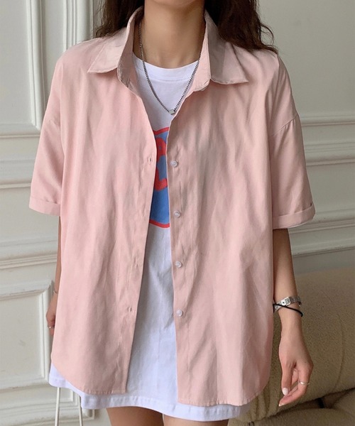 Chaco closet(チャコ クローゼット)の「ルーズシルエット5分袖シャツ(シャツ/ブラウス・レディース・アイボリー/ホワイト/グリーン/ブルー系/ピンク/グレー・FREE)」の6枚目の写真