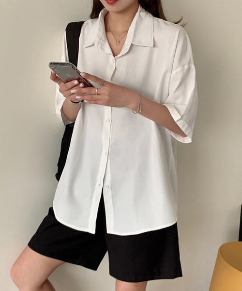 Chaco closet(チャコ クローゼット)の「ルーズシルエット5分袖シャツ(シャツ/ブラウス・レディース・アイボリー/ホワイト/グリーン/ブルー系/ピンク/グレー・FREE)」の7枚目の写真