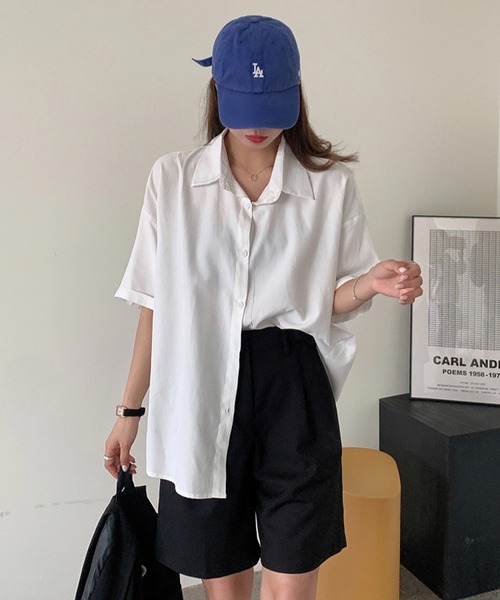 Chaco closet(チャコ クローゼット)の「ルーズシルエット5分袖シャツ(シャツ/ブラウス・レディース・アイボリー/ホワイト/グリーン/ブルー系/ピンク/グレー・FREE)」の12枚目の写真