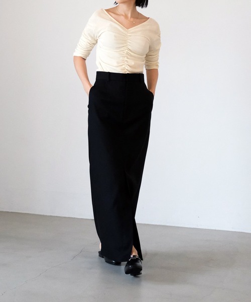 AKTE（アクテ）の「ハーフスリーブギャザートップス（Tシャツ/カットソー・レディース・ブラック/オフホワイト・FREE）」の5枚目の写真