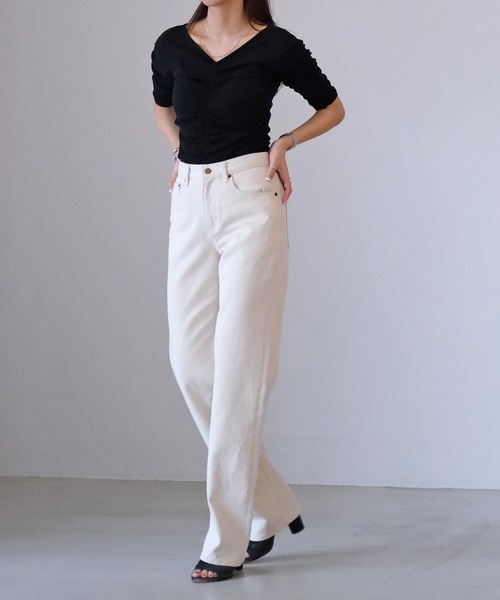 AKTE（アクテ）の「ハーフスリーブギャザートップス（Tシャツ/カットソー・レディース・ブラック/オフホワイト・FREE）」の10枚目の写真