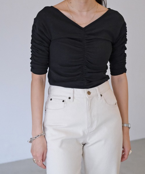 AKTE（アクテ）の「ハーフスリーブギャザートップス（Tシャツ/カットソー・レディース・ブラック/オフホワイト・FREE）」の12枚目の写真