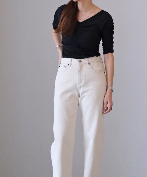 AKTE（アクテ）の「ハーフスリーブギャザートップス（Tシャツ/カットソー・レディース・ブラック/オフホワイト・FREE）」の13枚目の写真