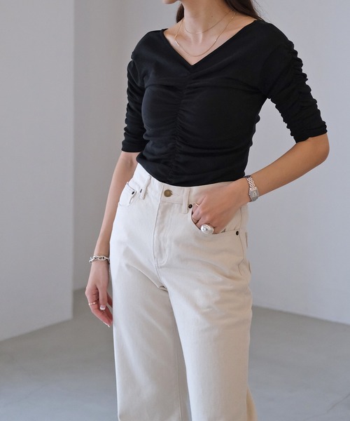 AKTE（アクテ）の「ハーフスリーブギャザートップス（Tシャツ/カットソー・レディース・ブラック/オフホワイト・FREE）」の15枚目の写真