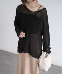 ルーズシアーニット / loose sheer knit かぎ編み オーバーサイズ ビッグサイズ ミドル丈 長袖 レイヤード ブラック ホワイト 白 黒 ネット メッシュ プルオーバー