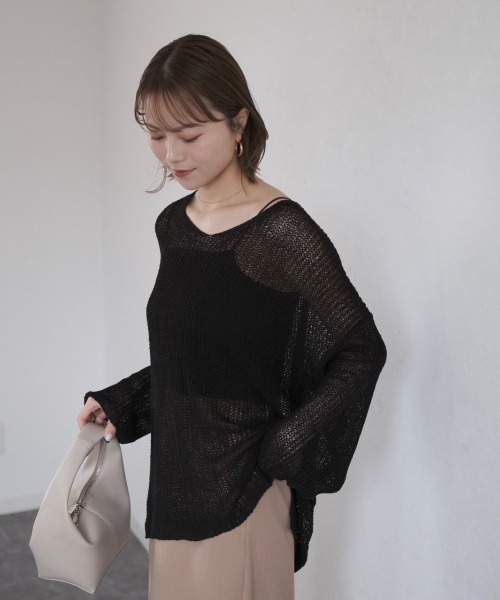 Reurie'（レウリィ）の「ルーズシアーニット / loose sheer knit かぎ編み オーバーサイズ ビッグサイズ ミドル丈 長袖 レイヤード ブラック ホワイト 白 黒 ネット メッシュ プルオーバー（ニット/セーター・レディース・ブラック/ホワイト・FREE）」の22枚目の写真