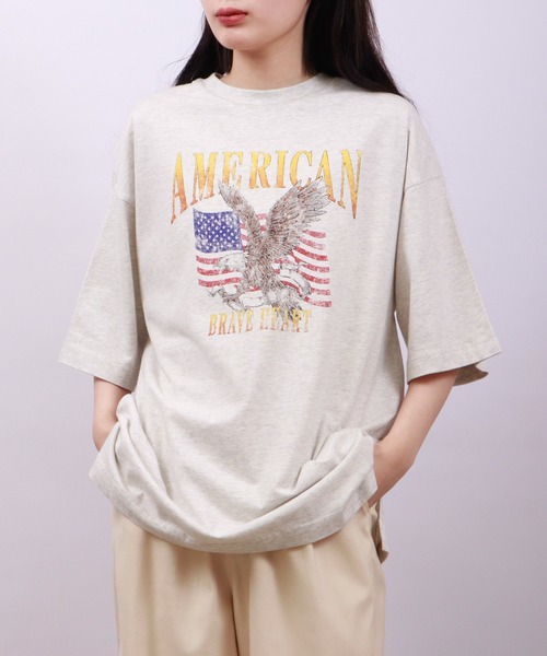 spiritoso（スピリトーゾ）の「spiritoso ピグメントAMERICANプリント イーグル 半袖Tシャツ（Tシャツ/カットソー・レディース・ベビーピンク/ホワイト系/カーキ/グレイッシュベージュ・F）」の2枚目の写真