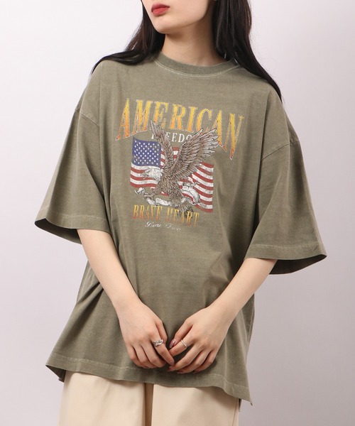 spiritoso（スピリトーゾ）の「spiritoso ピグメントAMERICANプリント イーグル 半袖Tシャツ（Tシャツ/カットソー・レディース・ベビーピンク/ホワイト系/カーキ/グレイッシュベージュ・F）」の4枚目の写真