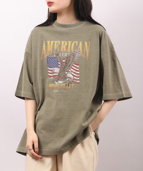 spiritoso（スピリトーゾ）の「spiritoso ピグメントAMERICANプリント イーグル 半袖Tシャツ（Tシャツ/カットソー・レディース・ベビーピンク/ホワイト系/カーキ/グレイッシュベージュ・F）」の8枚目の写真