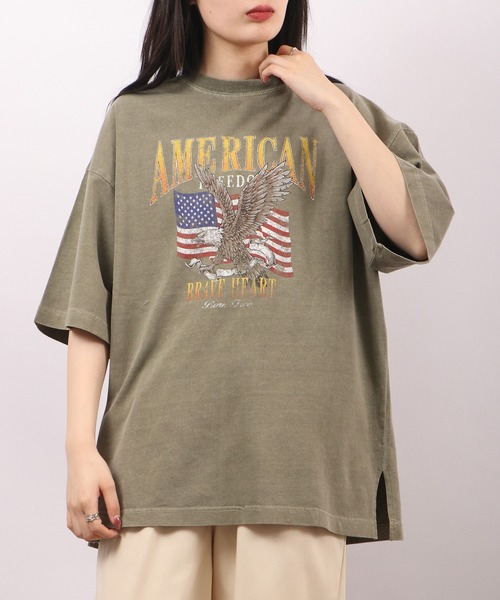 spiritoso（スピリトーゾ）の「spiritoso ピグメントAMERICANプリント イーグル 半袖Tシャツ（Tシャツ/カットソー・レディース・ベビーピンク/ホワイト系/カーキ/グレイッシュベージュ・F）」の9枚目の写真