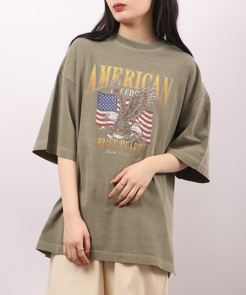 spiritoso（スピリトーゾ）の「spiritoso ピグメントAMERICANプリント イーグル 半袖Tシャツ（Tシャツ/カットソー・レディース・ベビーピンク/ホワイト系/カーキ/グレイッシュベージュ・F）」の10枚目の写真