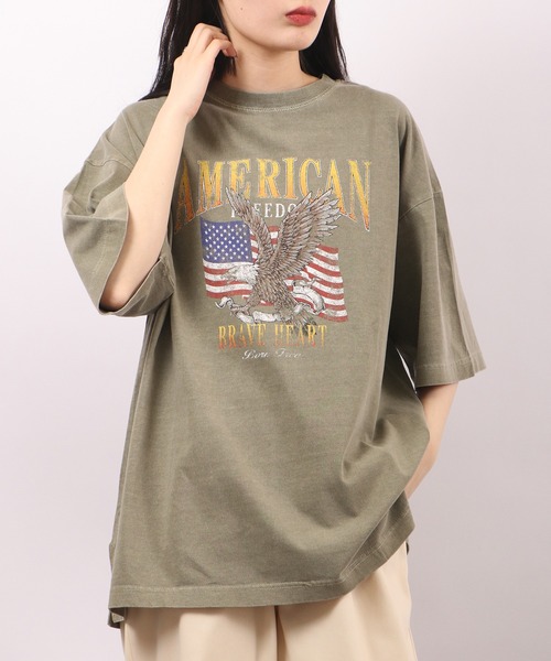 spiritoso（スピリトーゾ）の「spiritoso ピグメントAMERICANプリント イーグル 半袖Tシャツ（Tシャツ/カットソー・レディース・ベビーピンク/ホワイト系/カーキ/グレイッシュベージュ・F）」の11枚目の写真
